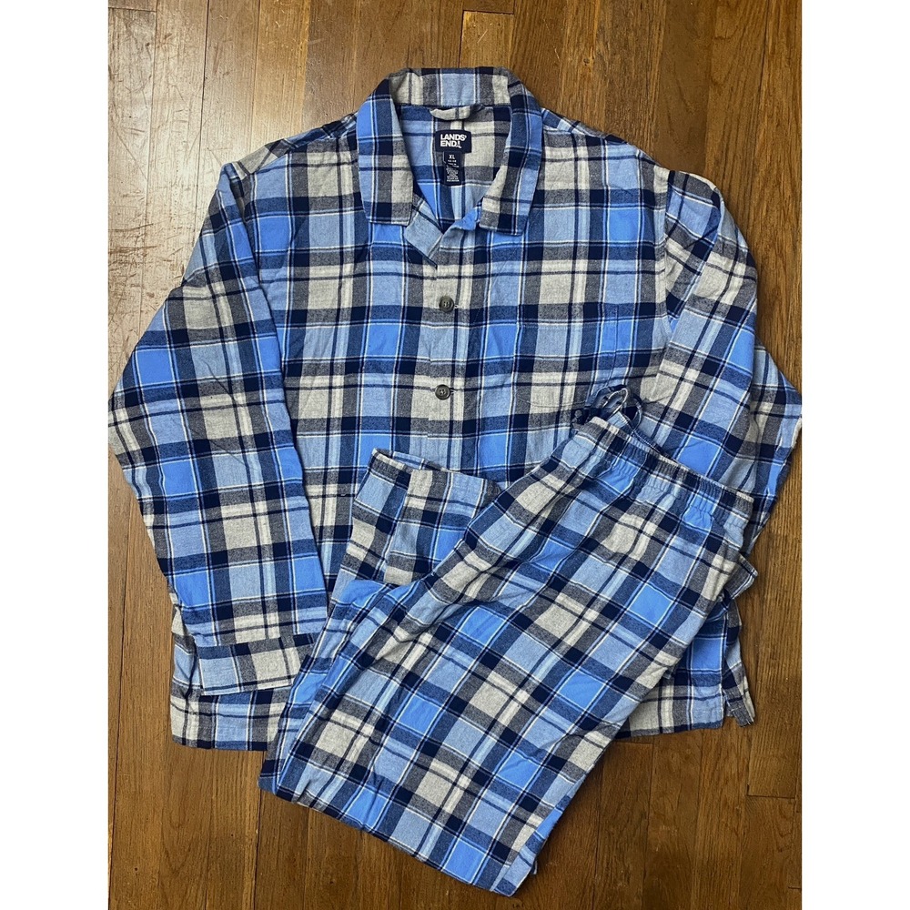 Lands End Men's Pajama Set Flannel Blue Plaid Size XL (46-48) Soft Cozy Winter